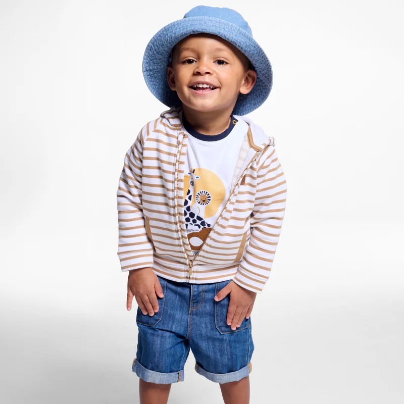 Sweat zippé molleton rayé lion marron bébé garçon Blanc