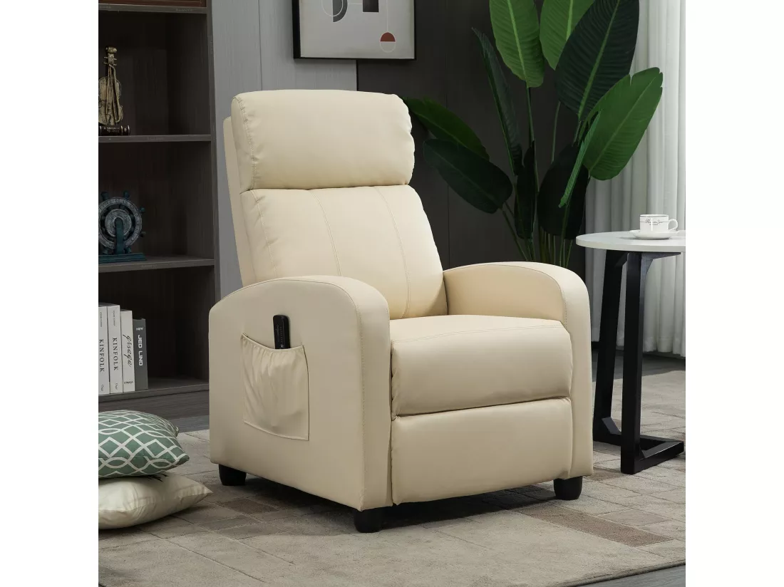 Fauteuil de relaxation et massage inclinaison dossier repose-pied réglable revêtement synthétique crème