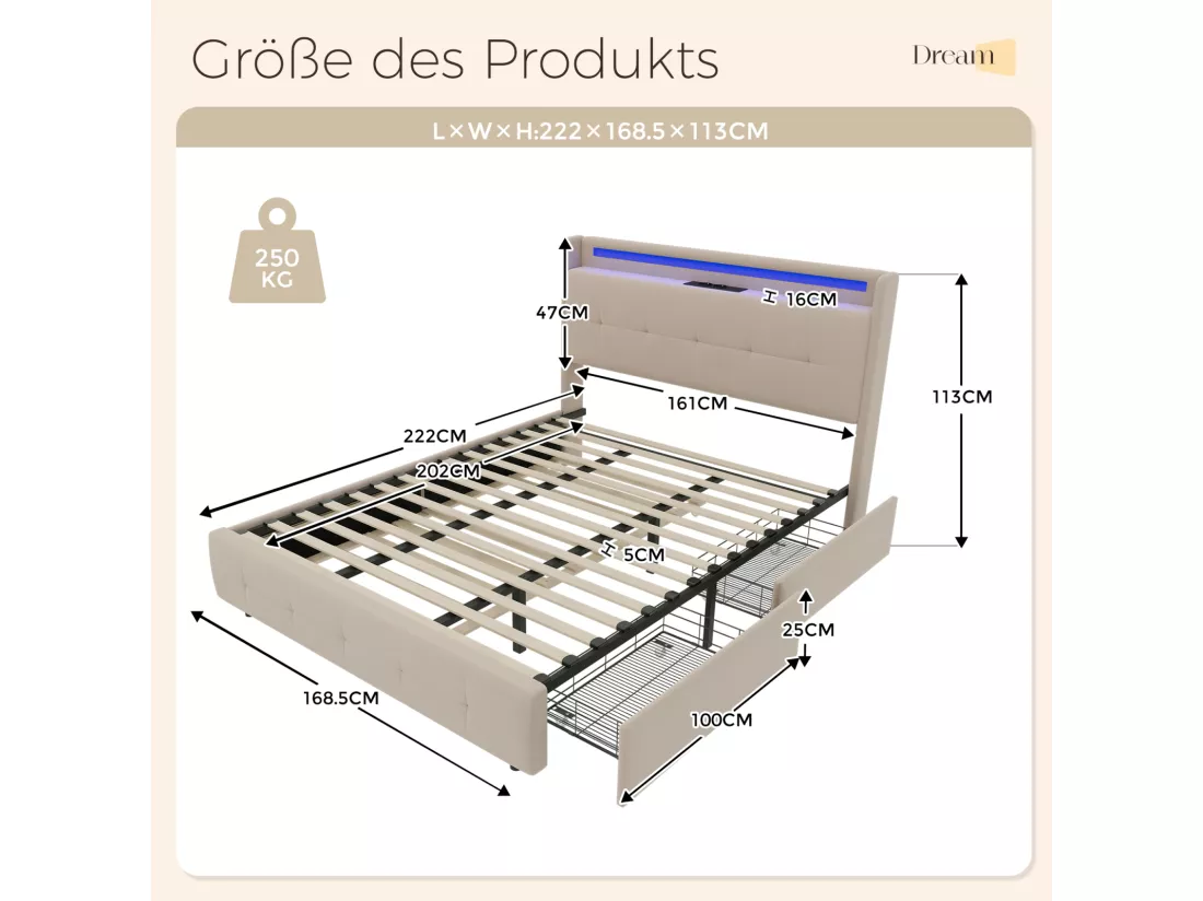 Lit double rembourré 160x200 cm Lit adulte avec lit gigogne éclairage LED 2 tiroirs ports USB et sommier à lattes - beige