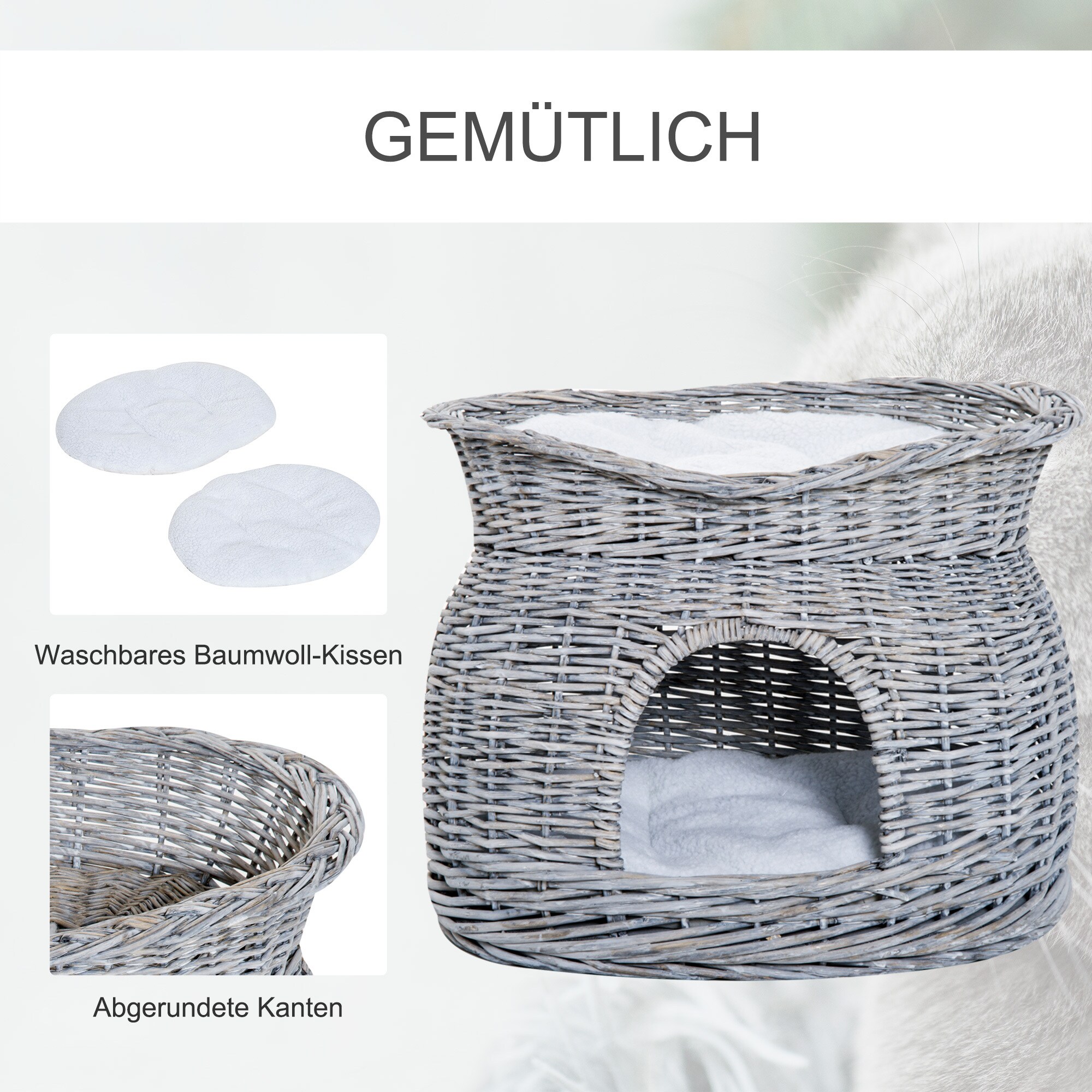PawHut Katzenkorb mit 2 Kissen grau 56 x 37 x 40 cm (LxBxH)