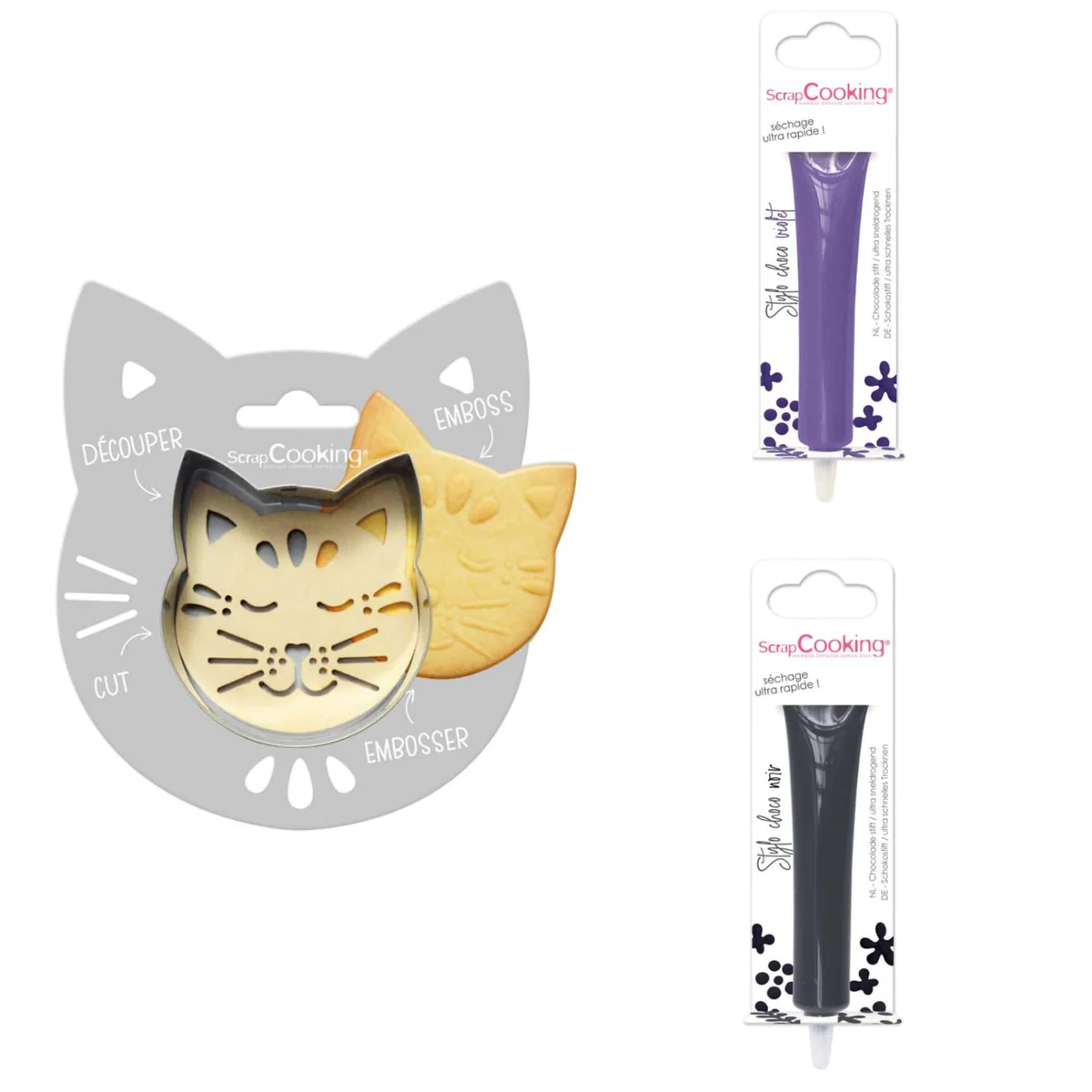 Kit pour biscuit en relief Chat + 2 Stylos au chocolat violet et noir