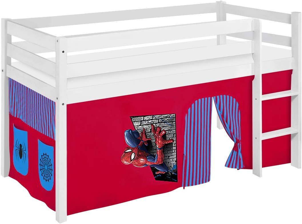 Hochbett JELLE 90×200 cm | 90x190 cm – Kinderbett & Spielbett aus Massivholz (Kiefer) inkl. Lattenrost – Verschiedene Markenmotive (Spiderman, 90 x 200 cm)