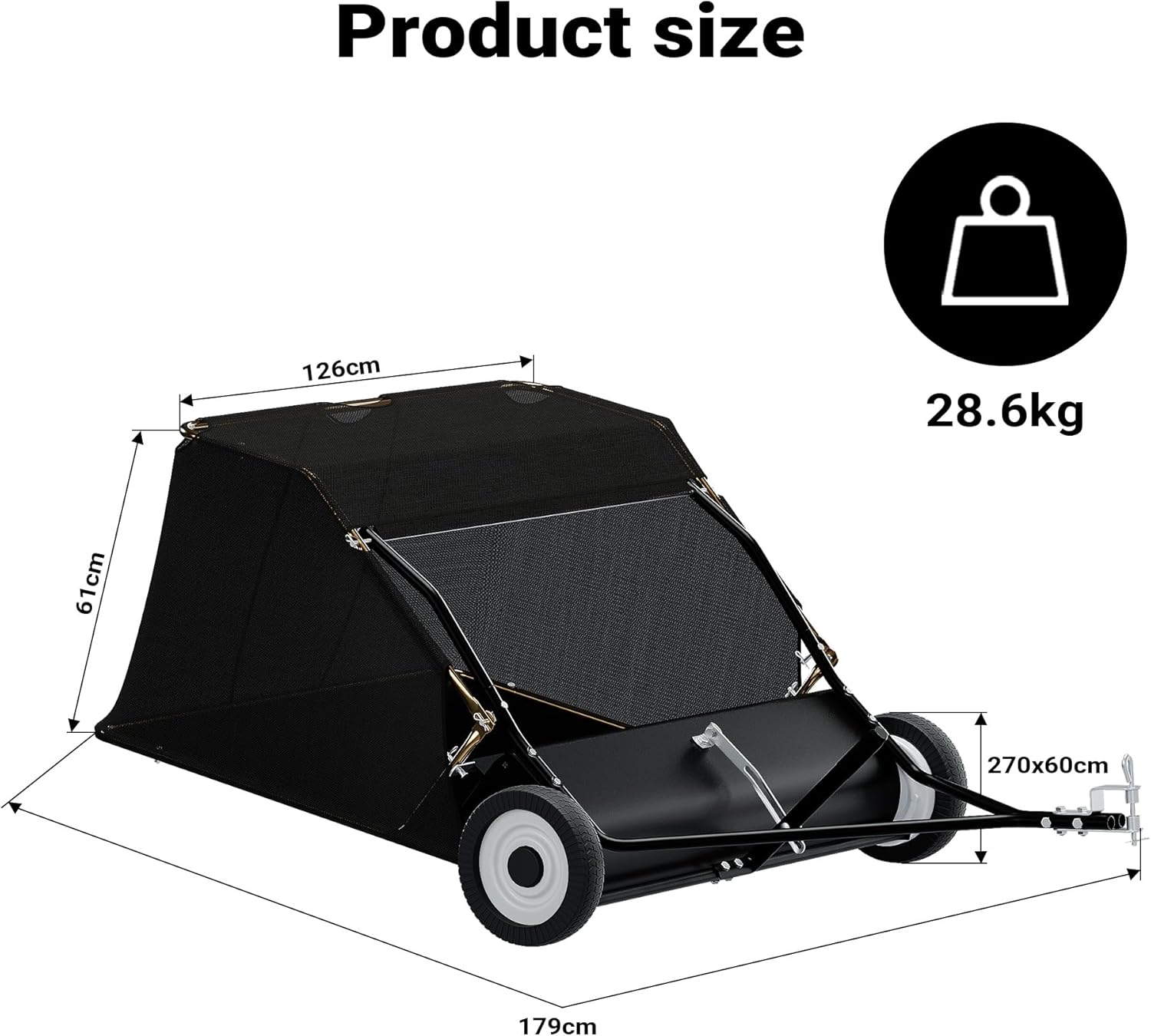 Wiltec Rasenkehrmaschine mit 105 cm Kehrbreite, Rasenkehrer für Aufsitzmäher, Laubsammler mit 365 l Auffangnetz Laubkehrmaschine für Rasentraktor