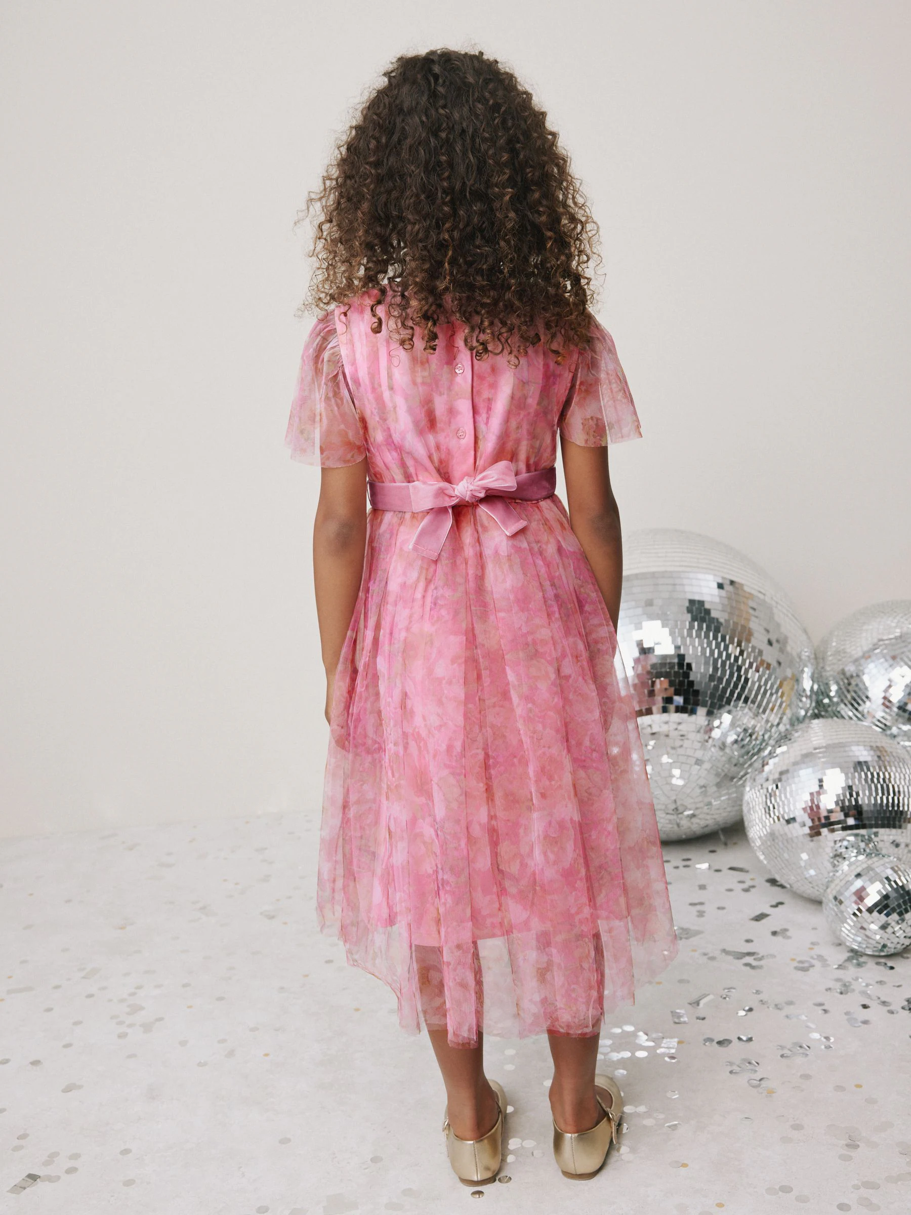 Roze bloemen - Mesh Prom Dress (3-16yrs)