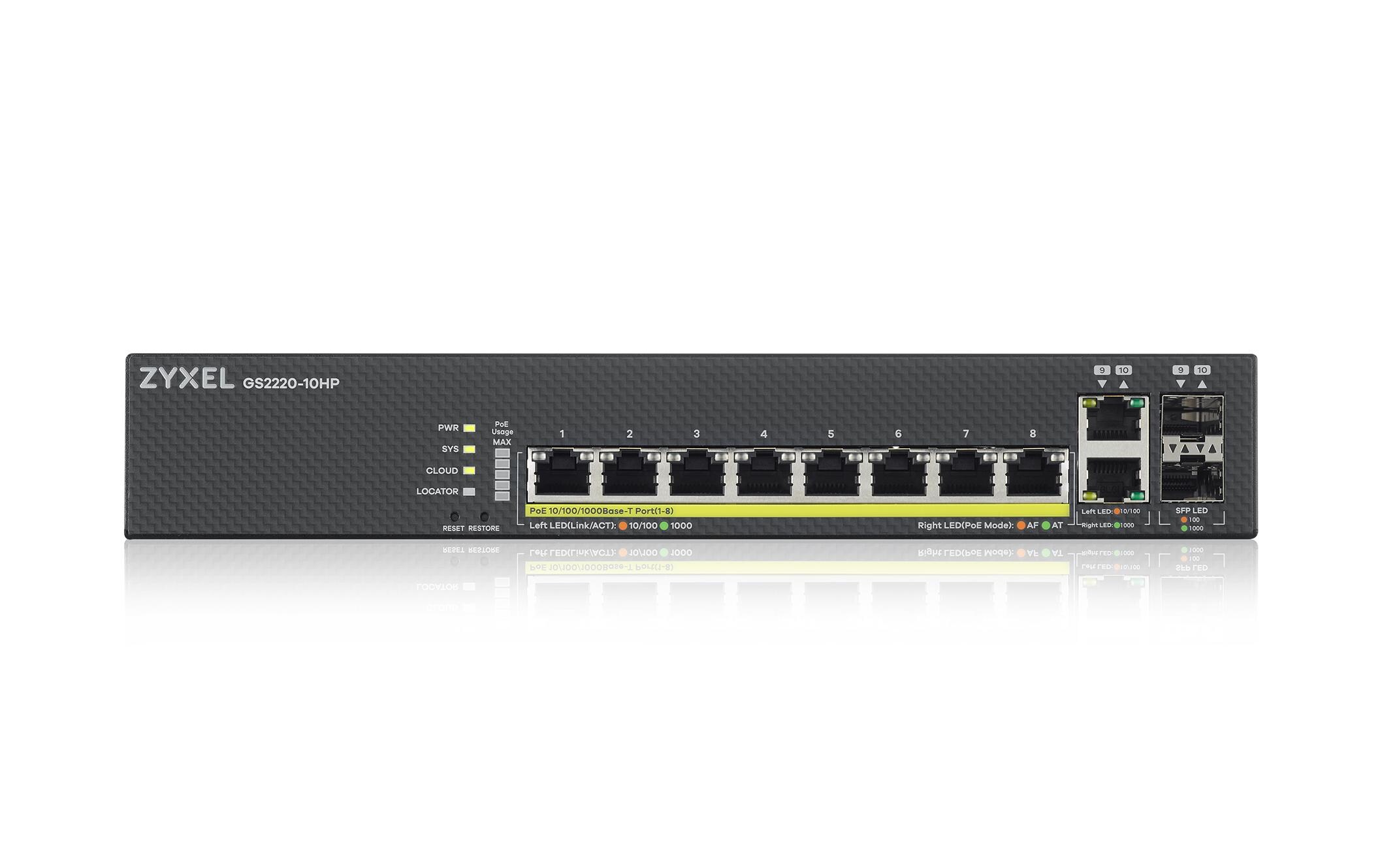 PoE+ Switch GS2220-10HP 10 Port<br>8-Port-GbE-Switch, Layer 2 managed, 8x GbE PoE 802.3at RJ-45 Ports, 2x GbE Combo-Port