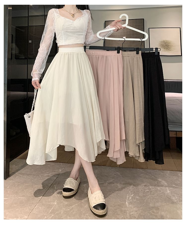 Moon City - Effen asymmetrische midi-A-lijn rok met elastische taille