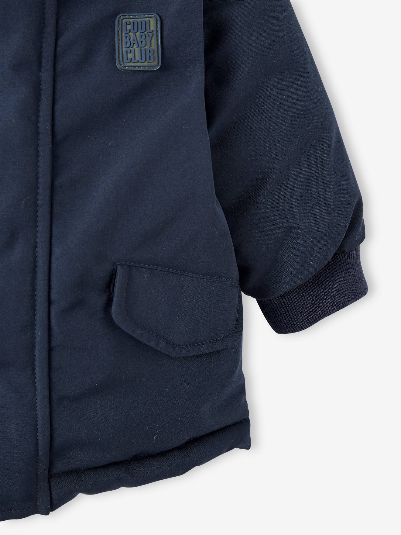 Casaco parka reversível para bebê com capuz, azul escuro liso com estampas.