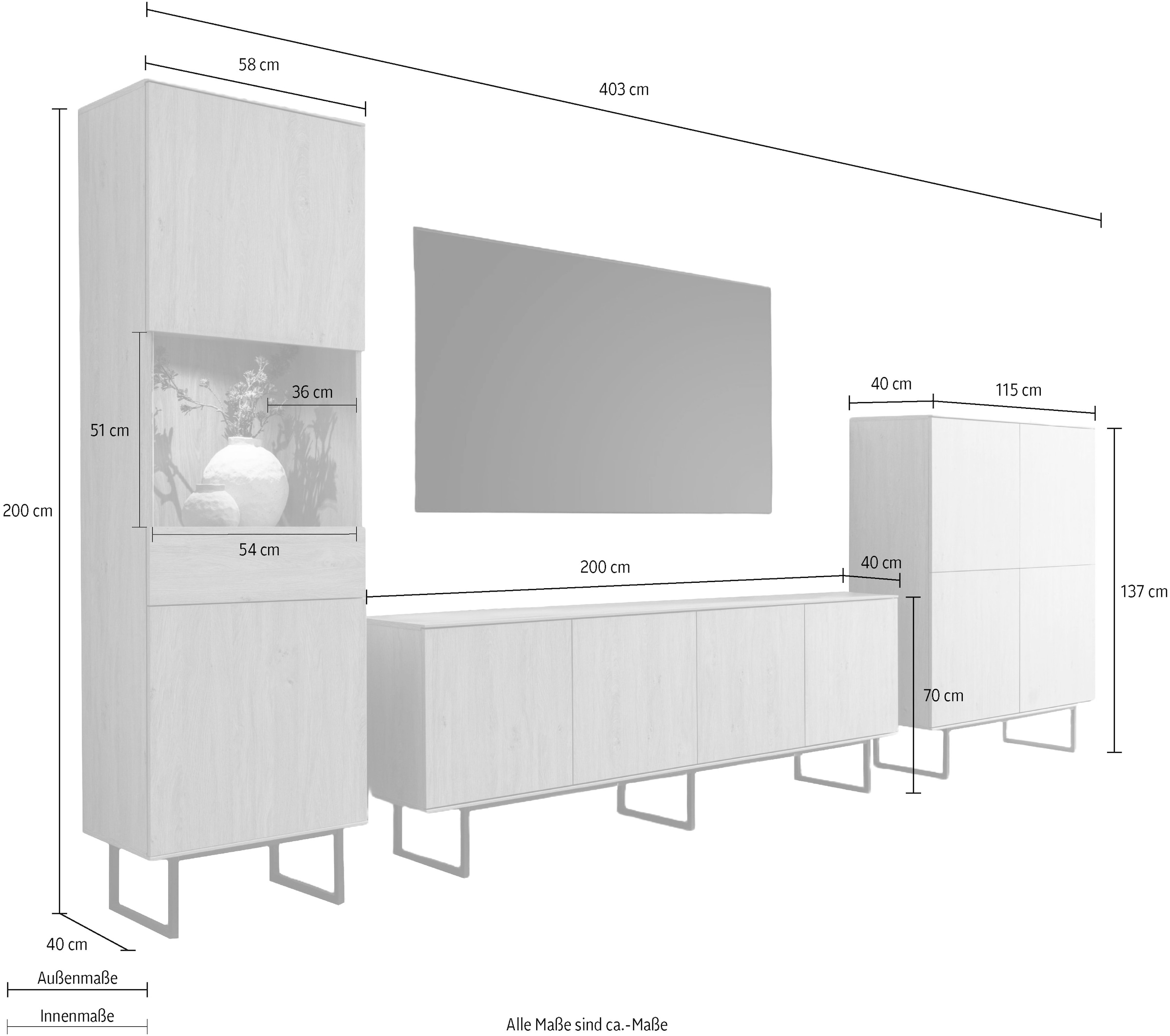 Home affaire Wohnwand »Lund, moderne Anbauwand, Wohnzimmer-Set in Stone Oak« 3 Stk. tlg.