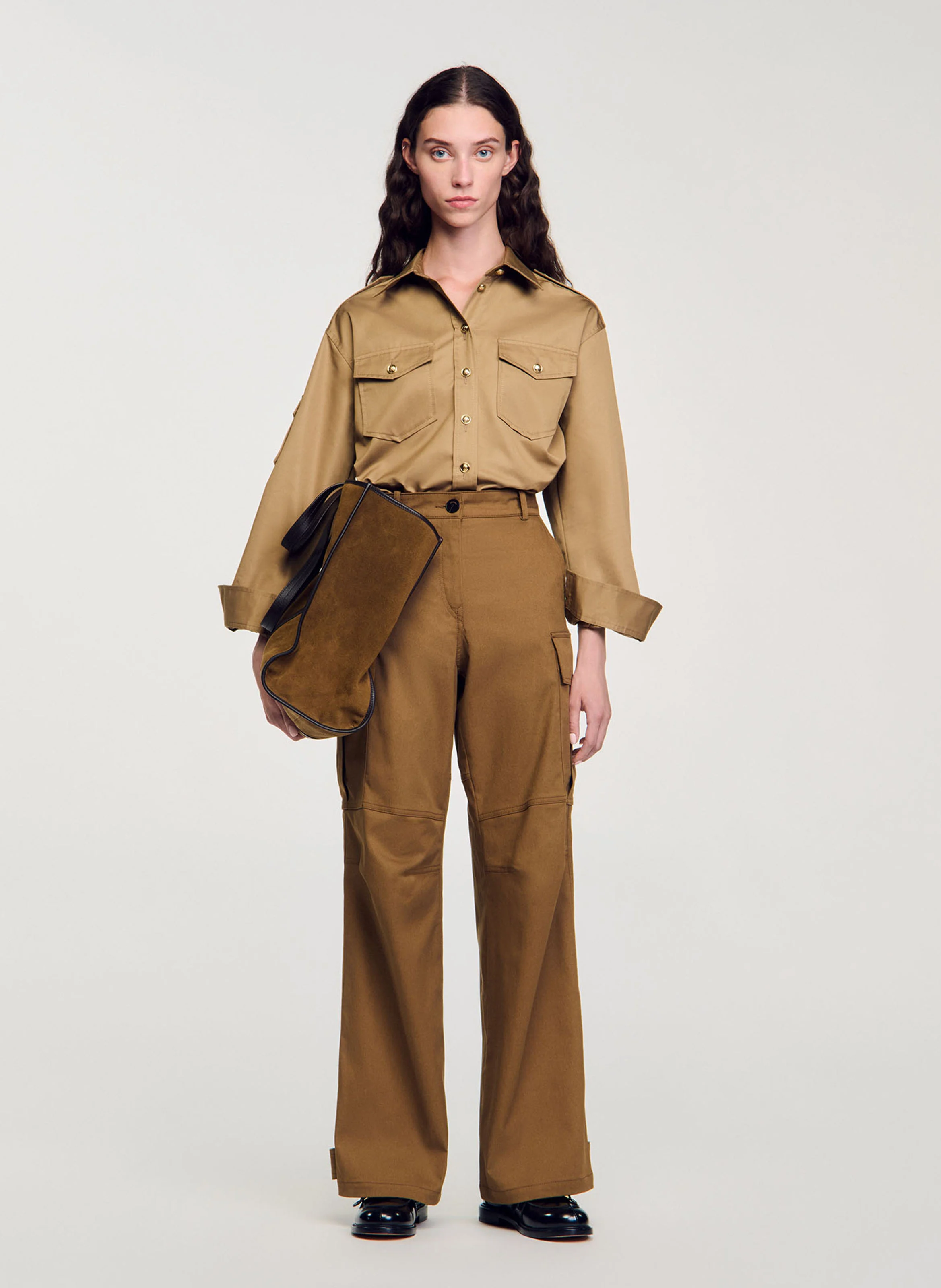 Pantalon cargo large en coton mélangé | Marron