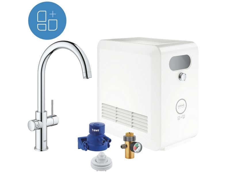 GROHE Küchenarmatur Blue Professional C-Auslauf Set Chrome Einhand-Spültischbatterie mit Filterfunktion
