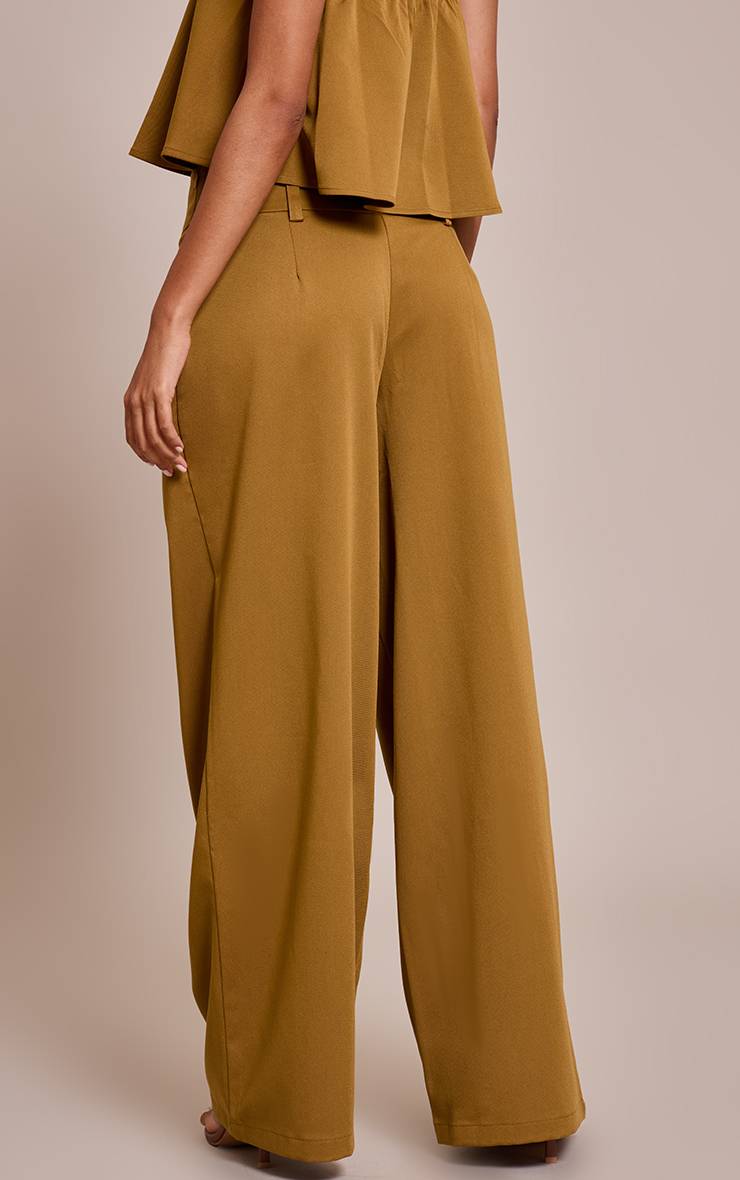 Vert Olive Foncé Pantalon Large Plissé En Tissu Tissé Ajusté