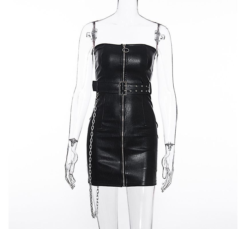 Bulgaris - Strapless, getailleerd jurkje van imitatieleer met riem, ketting en rits