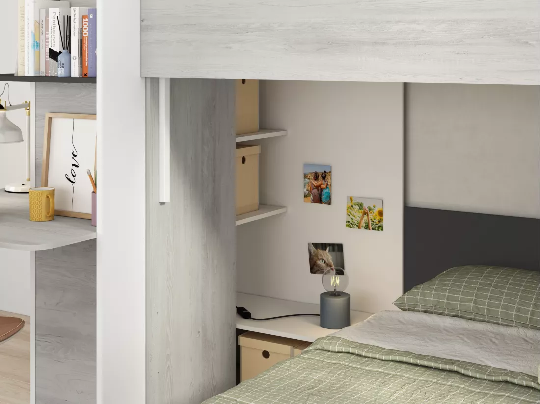 Lits superposés d'angle 2 x 90 x 190 cm - Avec bureau - Gris, blanc et noir - SAMUEL