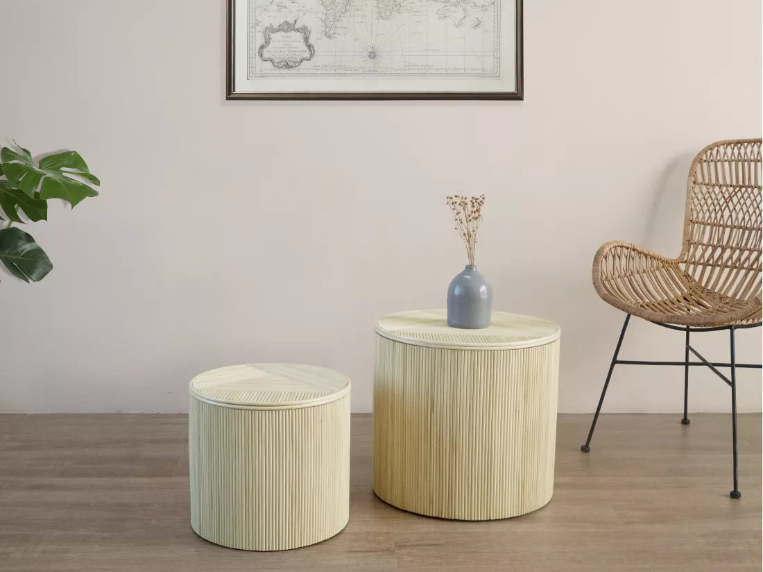 Lot de 2 tables d'appoint rondes avec rangement - Rotin - D. 50 x H. 46 cm et D. 39.5 x H. 36 cm - Naturel clair - GABES