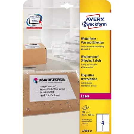 Avery Zweckform L7994-25 Versandetiketten,A4 99,1 x 139 mm, 25 Bogen/100 Etiketten, weiß