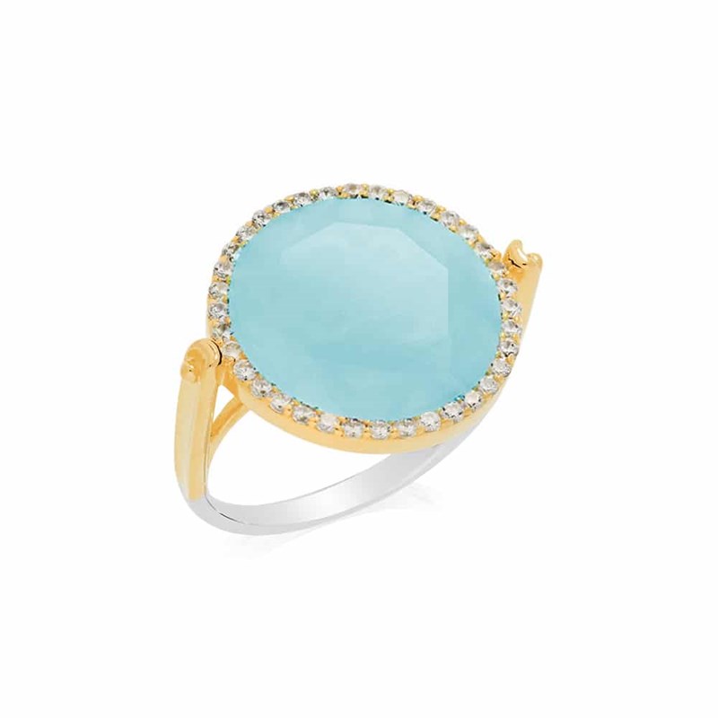 Bague Disque Argent Doré Pierre Vert Eau Serti Blanc