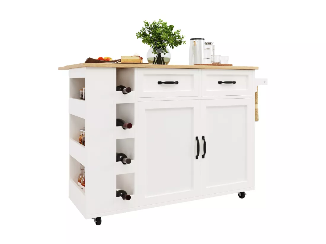 Ilot central de cuisine mobile avec 2 portes, 2 tiroirs et 4 Porte-Bouteilles - Plateau extensible - 131.5x43(76)x90.7cm - MDF - Blanc et naturel