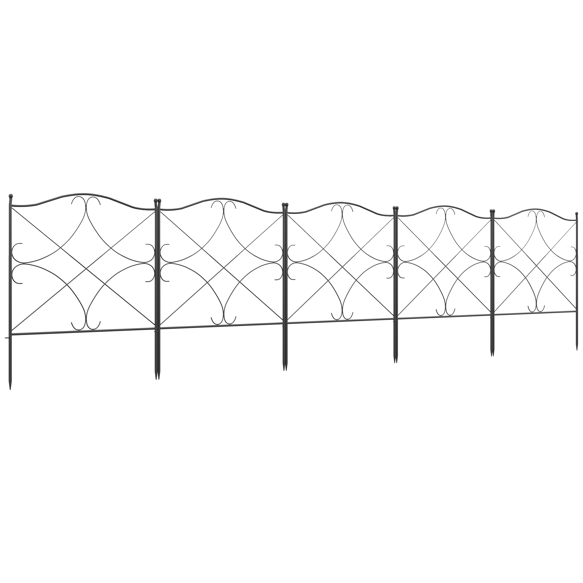 Cerca decorativa de jardim Outsunny com 5 painéis, 305 x 62 cm, cerca de privacidade em metal com estacas e bordadura para gramado, barreira para animais, preta.