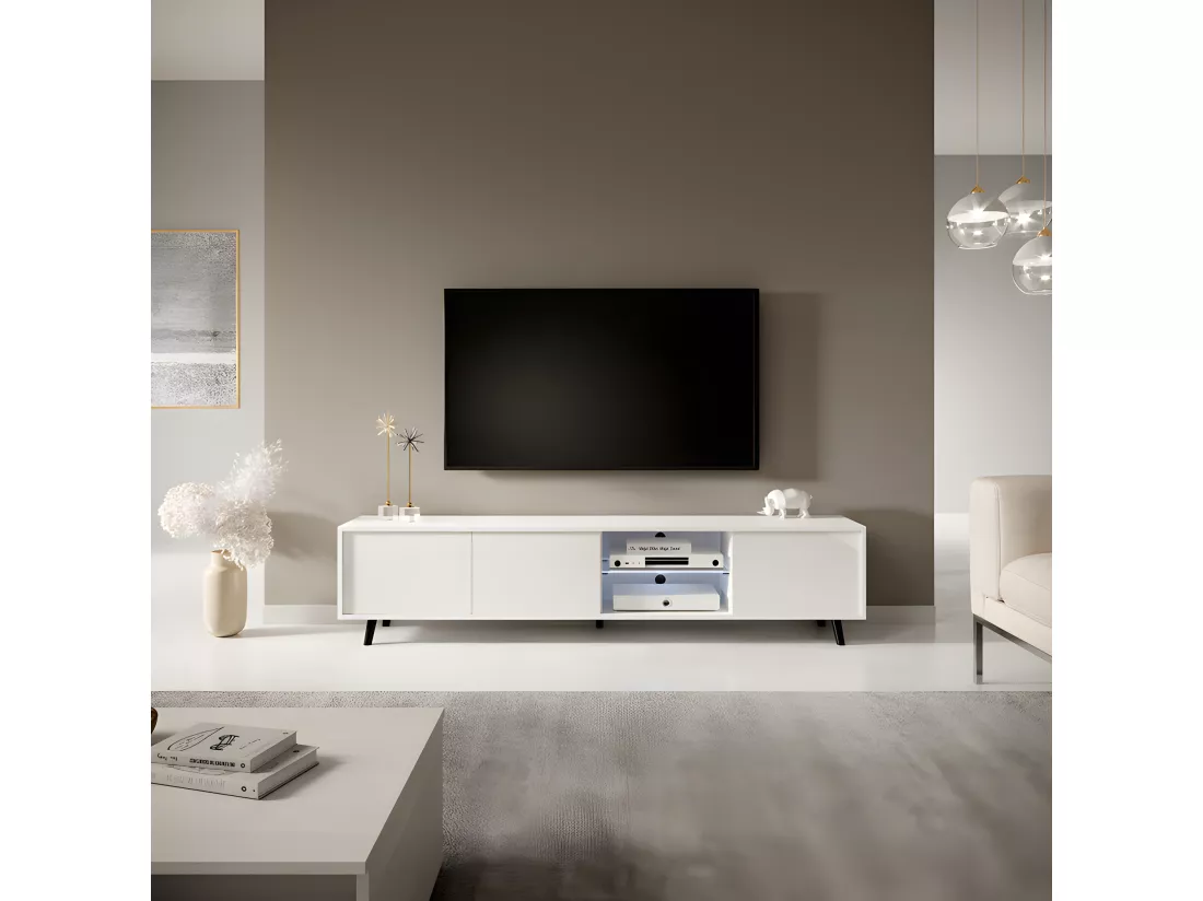 Meuble tv / Banc tv - blanc mat / blanc brillant, 175 cm, éclairage LED - GALHAD