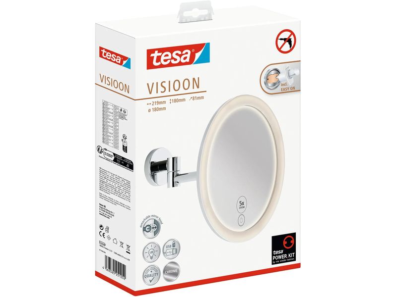 tesa Kosmetikspiegel Visioon LED, Schwarz Runder Vergrösserungsspiegel mit LED-Beleuchtung, fünffacher Vergrösserungsfunktion für Details