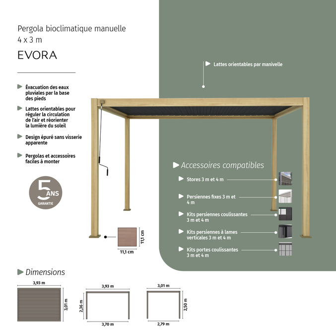Pergola bioclimatique manuelle EVORA Effet bois Honey