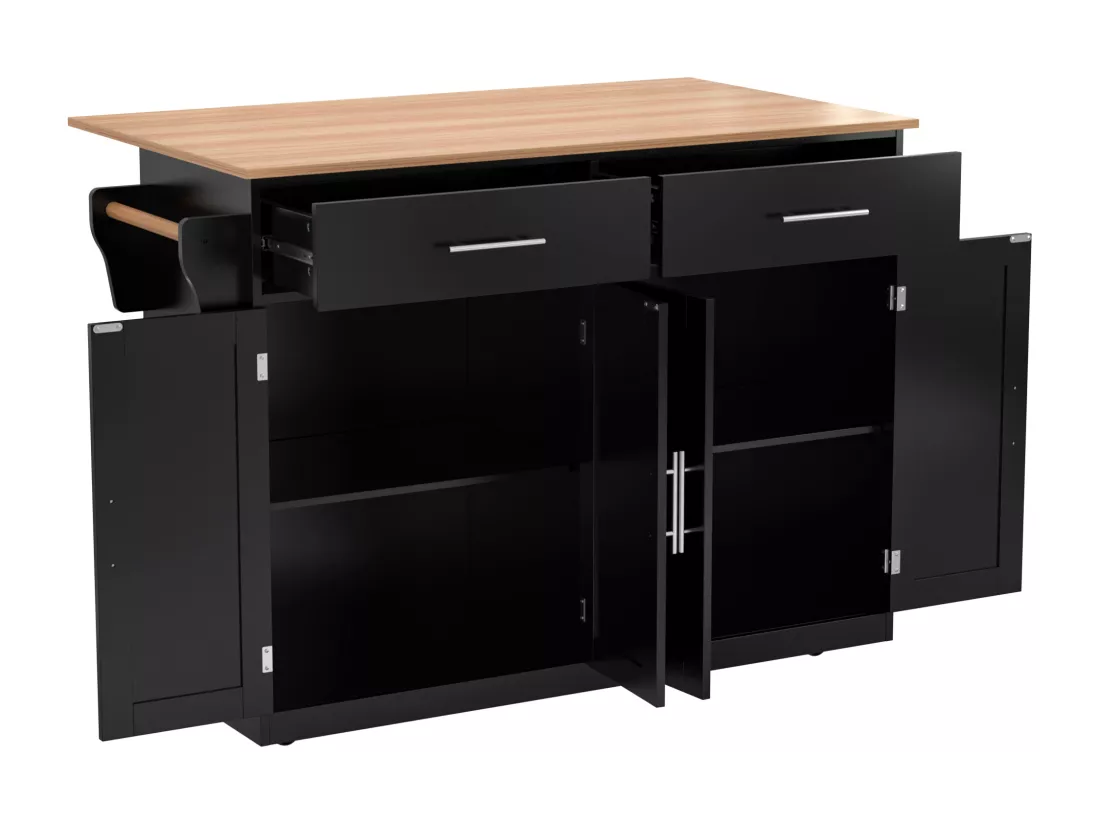 Ilot central de cuisine - 2 tiroirs et 4 compartiments - pieds en roulettes ou en bois - Noir