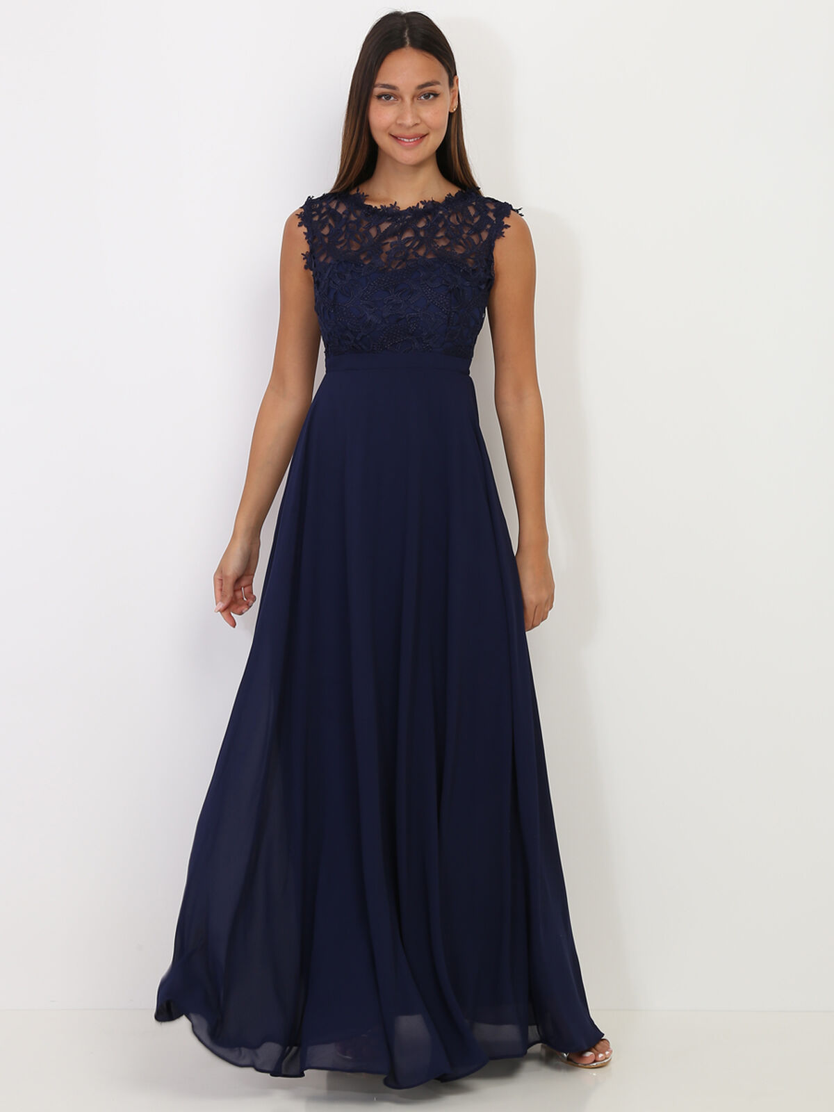 Robe longue à dentelle- Bleu marine