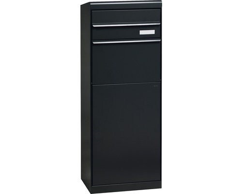 MEFA pakketbrievenbus, gepoedercoat staal, BxHxD 402/1091/310 mm, Esdoorn 662 Zwartgrijs RAL 7021 zijdemat, achterinwerpopening, 2 compartimenten met naamplaatje