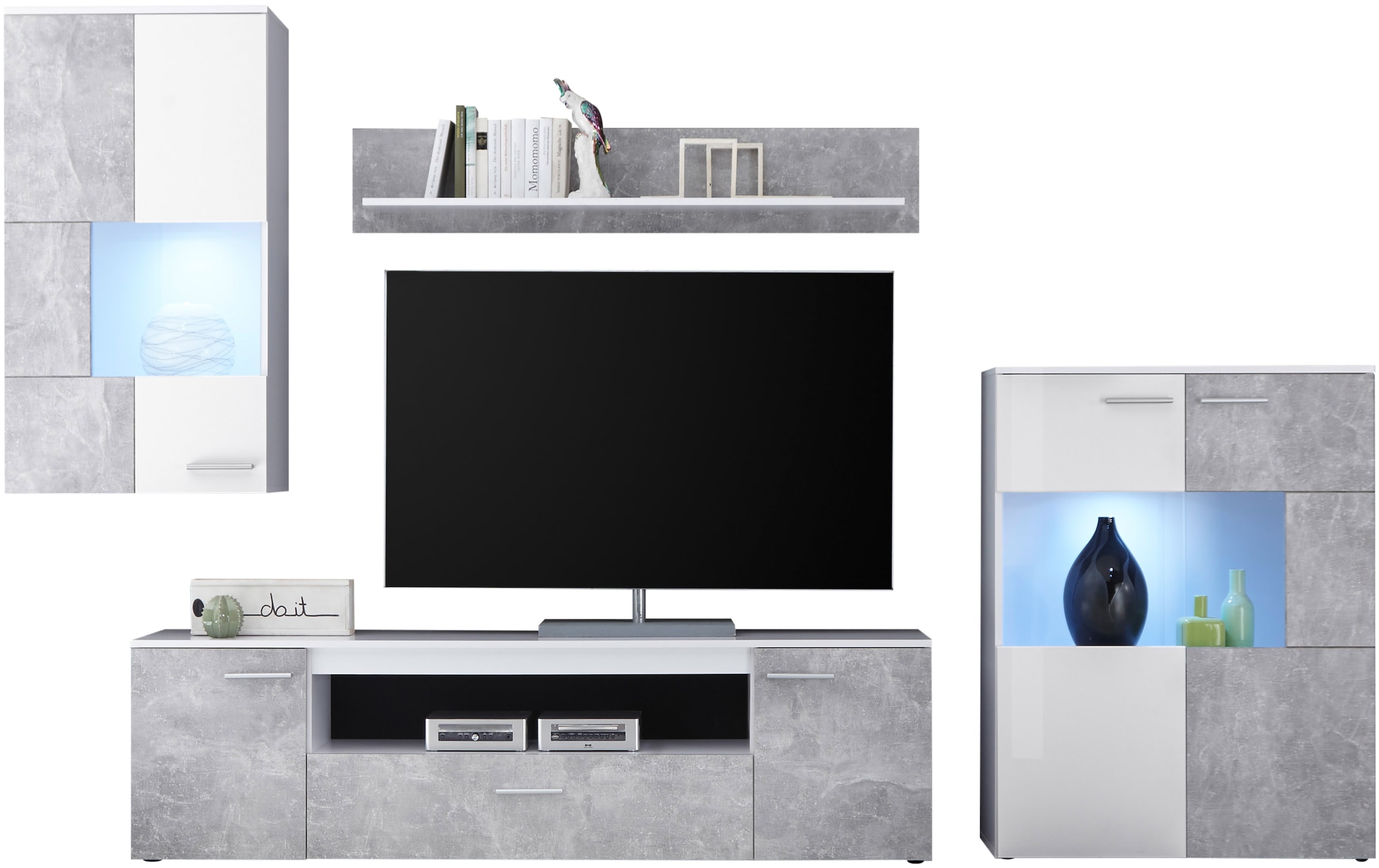 HBZ Wohnwand »Vulcan inkl. LED-Beleuchtung Weiss-Beton, BxHxT 290x194x40 cm« Set, 4 Stk. tlg.