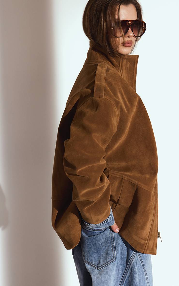 Marron Veste Longue En Daim À Col Montant Et Patte De Boutonnage Dissimulée