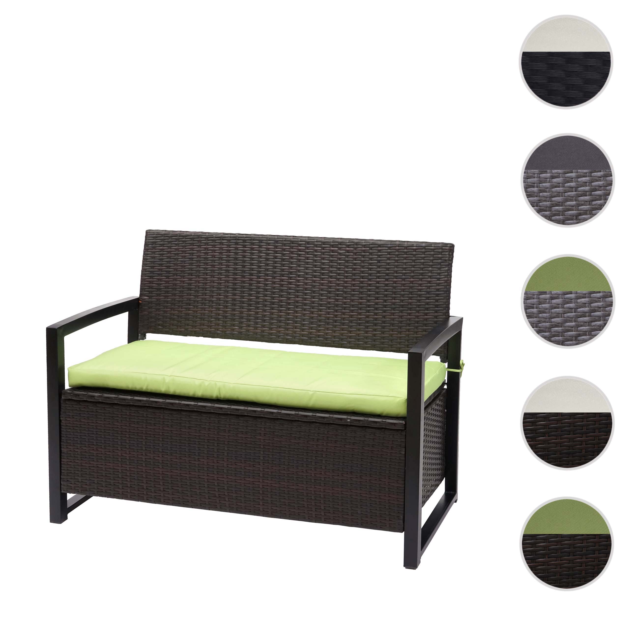 Poly-Rattan 2er Sitzbank MCW-F39, Gartenbank Truhenbank, Staufach Aufbewahrung Sitzkissen ~ braun, Kissen grün