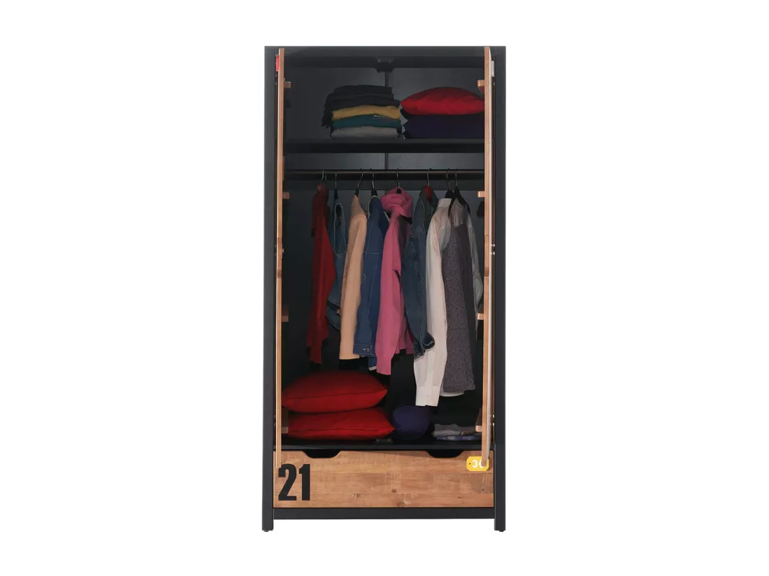 TCHAD - Armoire 2 Portes 1 Tiroir en Pin Massif avec Motifs