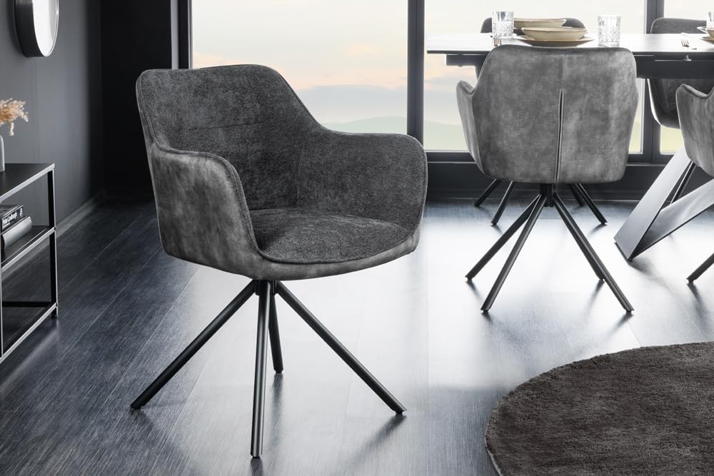 Riess Ambiente Drehbarer Stuhl Verona dunkelgrau Samt Strukturstoff mit Armlehne Metallbeine schwarz Esszimmerstuhl Küchenstuhl
