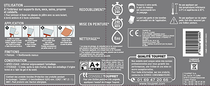 Enduit de lissage pour bande à joint 2 en 1 en pâte Toupret 7 kg