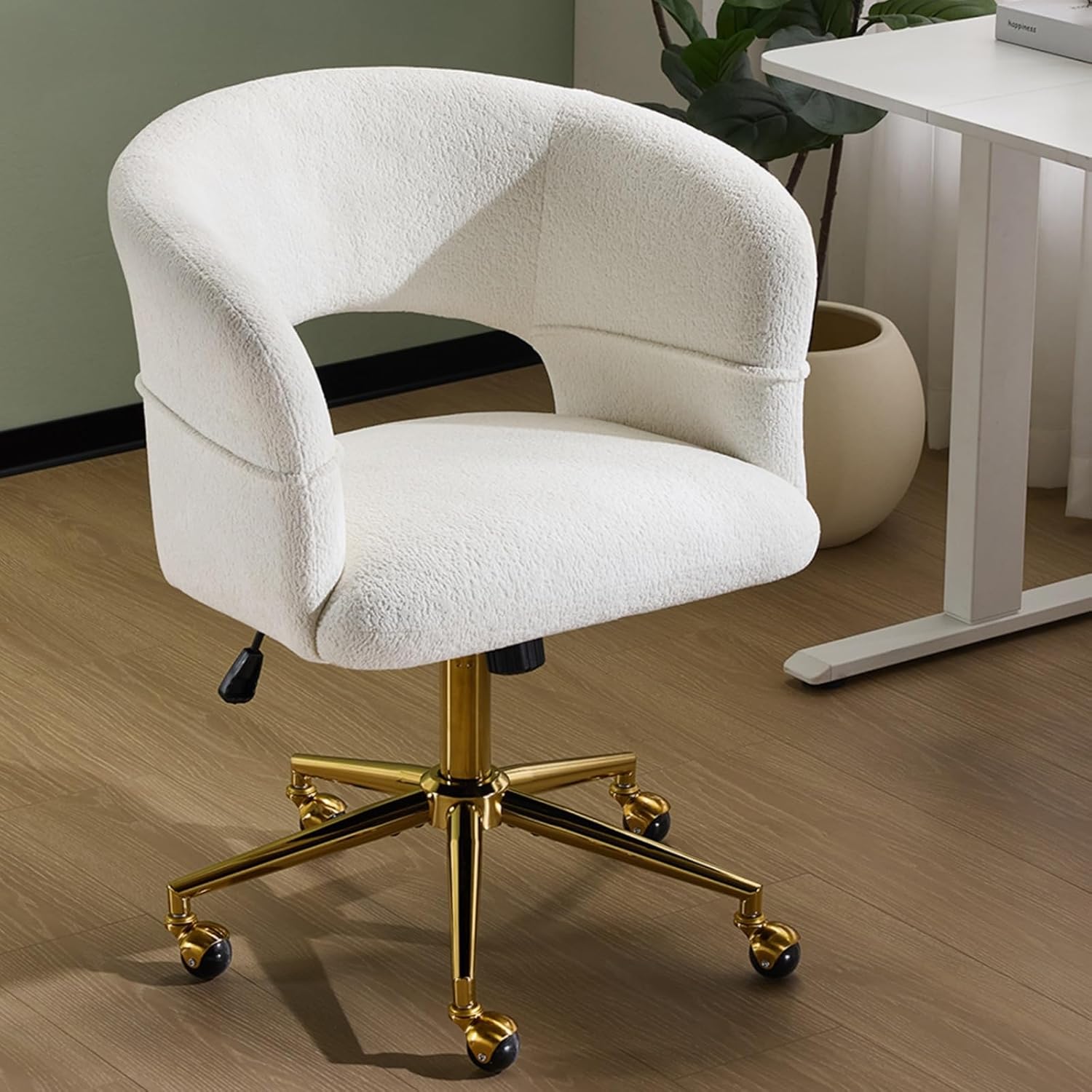 Bonnlo Bürostuhl mit Rollen, Drehstuhl mit goldenen Nieten, Schminktisch Stuhl bis 150KG, Höhenverstellbar Schreibtischstuhl für Arbeitszimmer, Schlafzimmer, Homeoffice, Samt-Chenille-Stoff (Weiß)