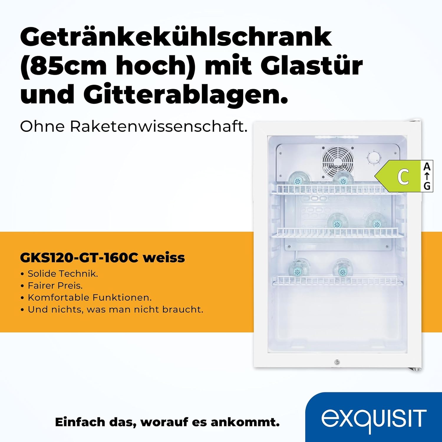 Exquisit Glastürkühlschrank GKS120-GT-160C weiss | Nutzinhalt: 118 L | Türschloss | 3 Gitterablagen | Umluftventilator | Standgerät