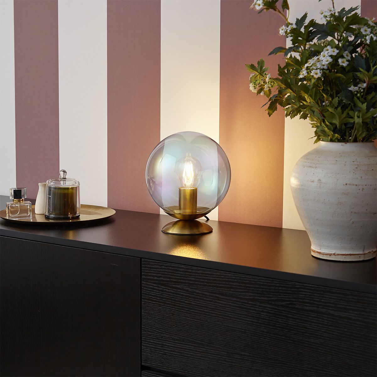 Art deco tafellamp messing met smoke regenboog glas  - Pallon