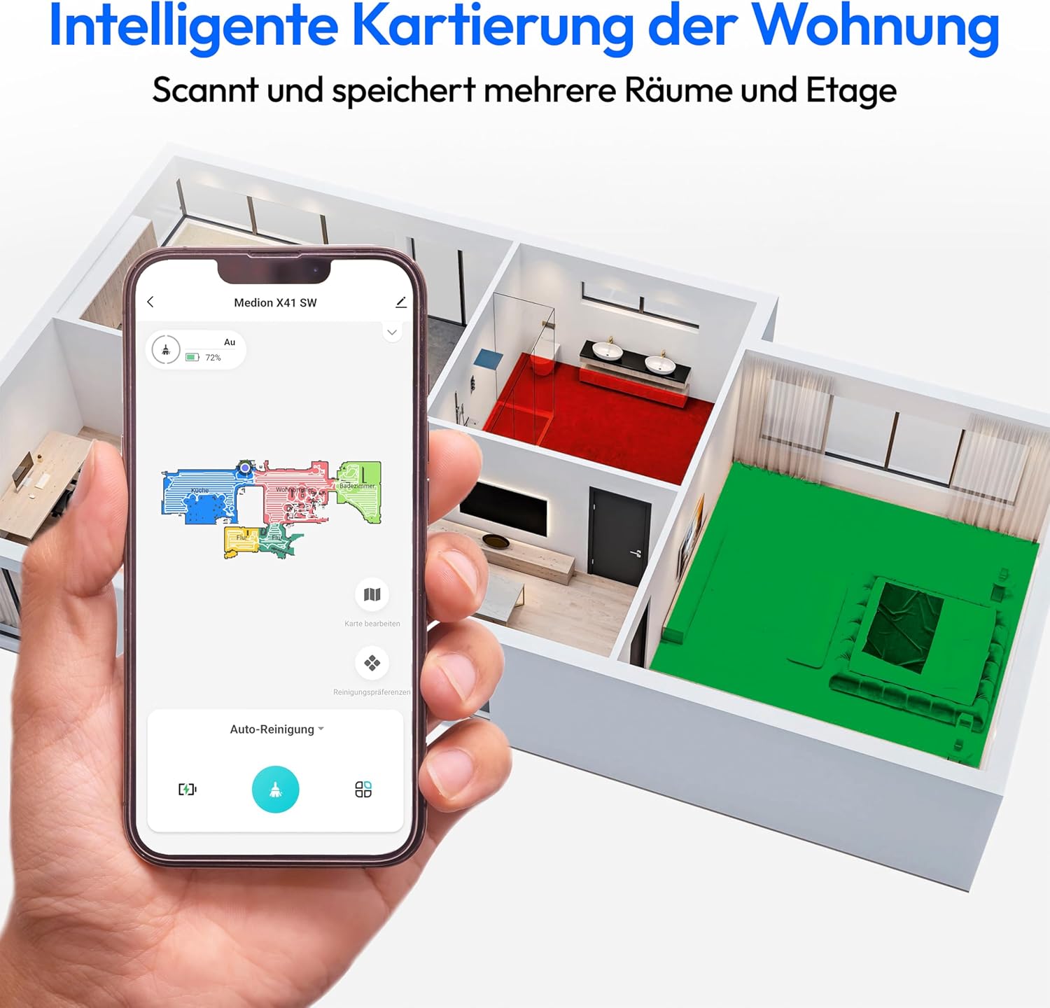 MEDION Saugroboter mit Lasernavigation und Wischfunktion X41 SW (Starke 8000Pa Saugkraft, 2in1 Roboterstaubsauger, präzise Kartenerstellung, Go & No Go Bereiche, mehrere Etagen)