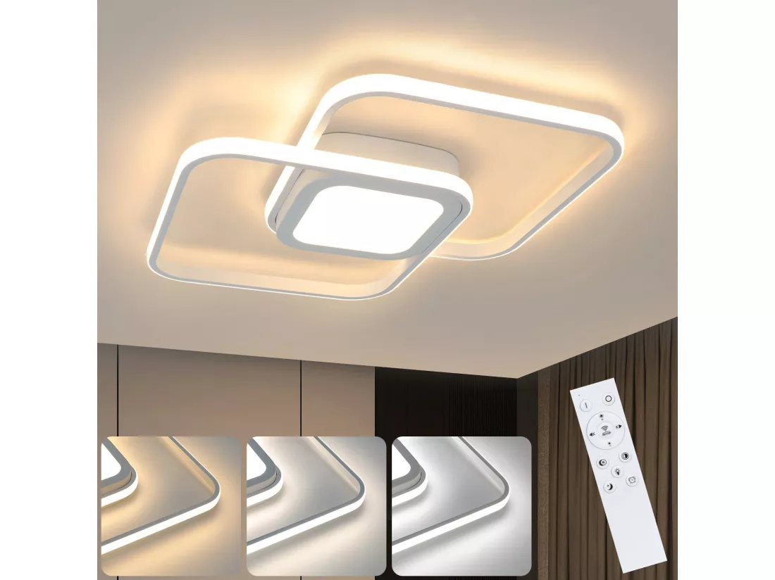 NETTLIFE Plafonnier LED 48W Métal Blanc Dimmable Moderne avec Télécommande pour Chambre Salon Cuisine Salle à Manger
