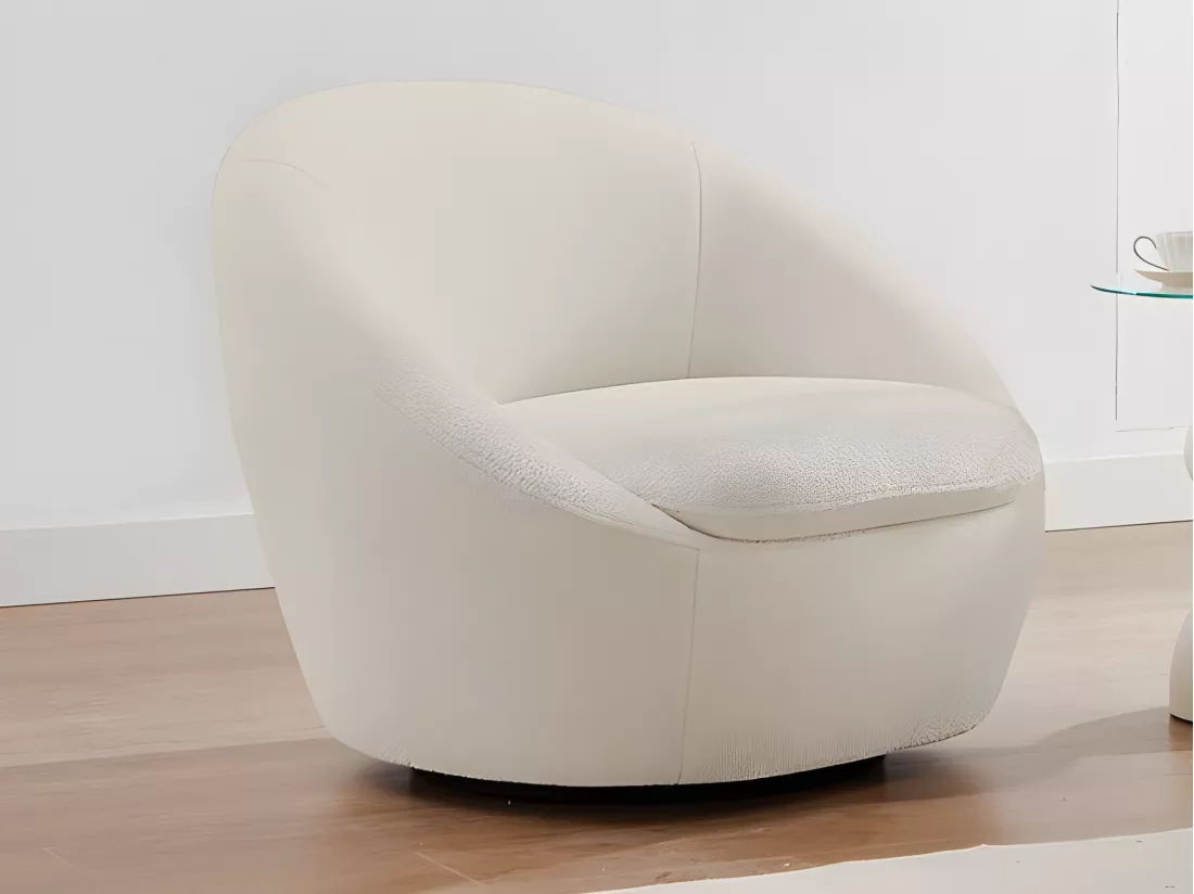 Fauteuil pivotant arrondi en tissu bouclette blanc LACARA