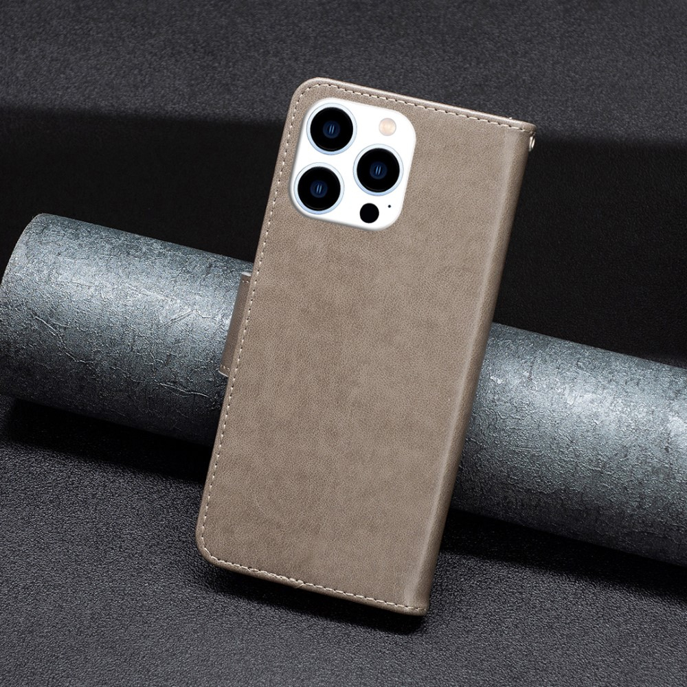 iPhone 15 Pro Leder Tasche mit Kartenfach   Handschlaufe Schmetterling - Grau