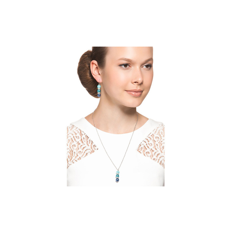 Parure Collier et Boucles d'oreilles Perles Turquoises, Cristal et Plaqué Rhodium