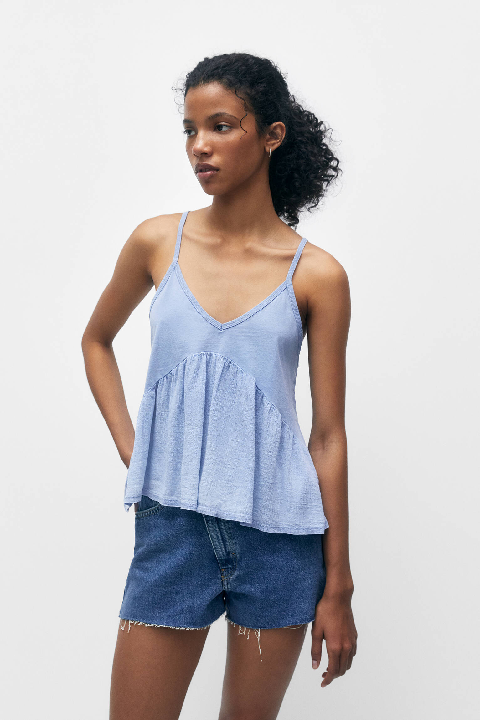 BLUSA DE MALHA COMBINADA - AZUL LAVADO