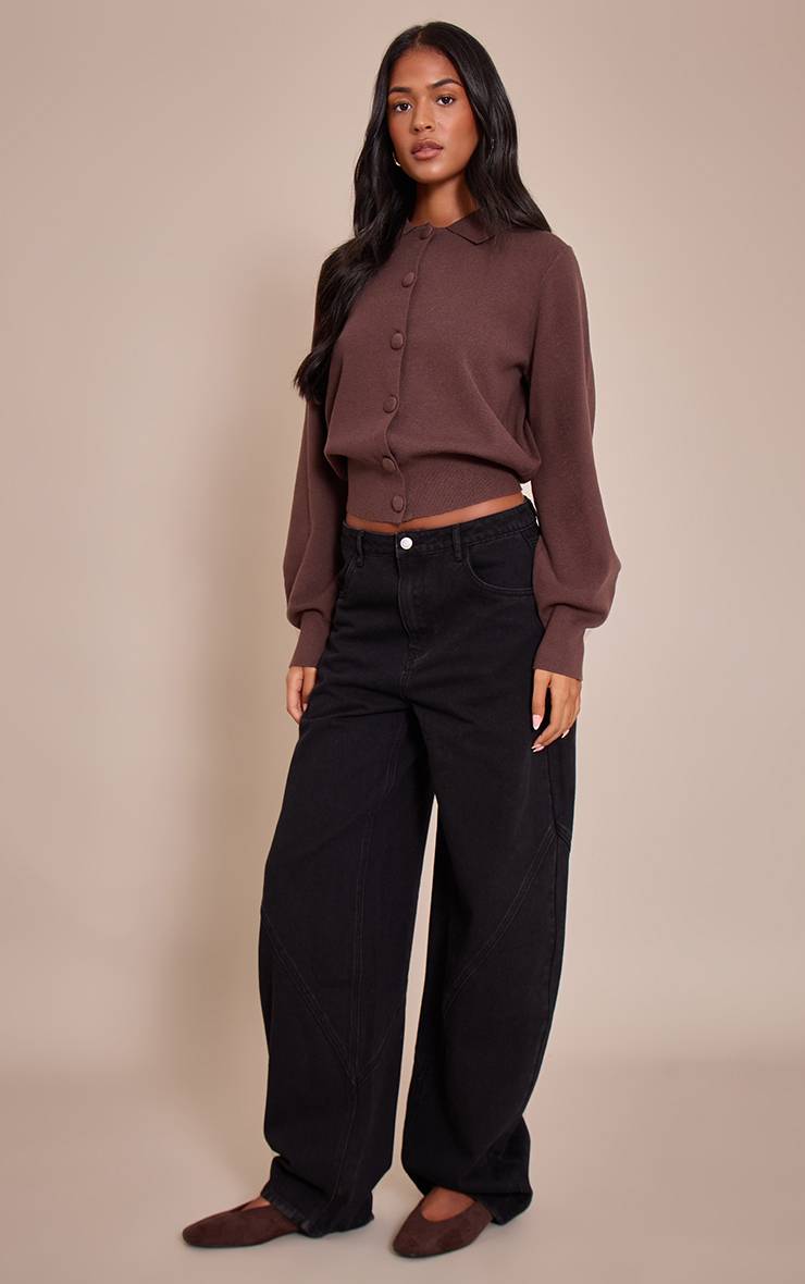 Marron Cardigan Long En Maille Compacte À Boutons Recouverts