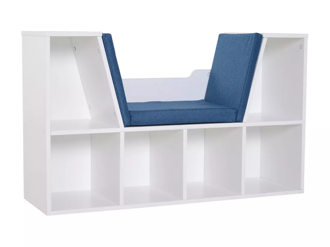 Bibliothèque banc 2 en 1 design contemporain 6 casiers 3 coussins fournis 102L x 30l x 61H cm blanc bleu