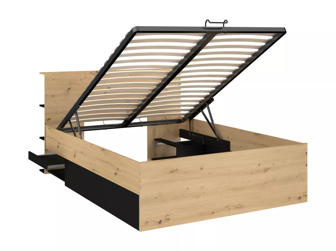 Lit coffre 140 x 190 cm - Coloris : Naturel et noir + Matelas - RADANI