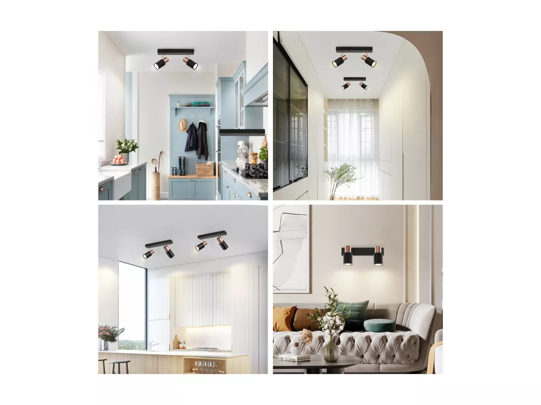 NETTLIFE Spot de plafond noirs GU10-2 lampe de cuisine à flamme rotatif à 355°moderne industriel