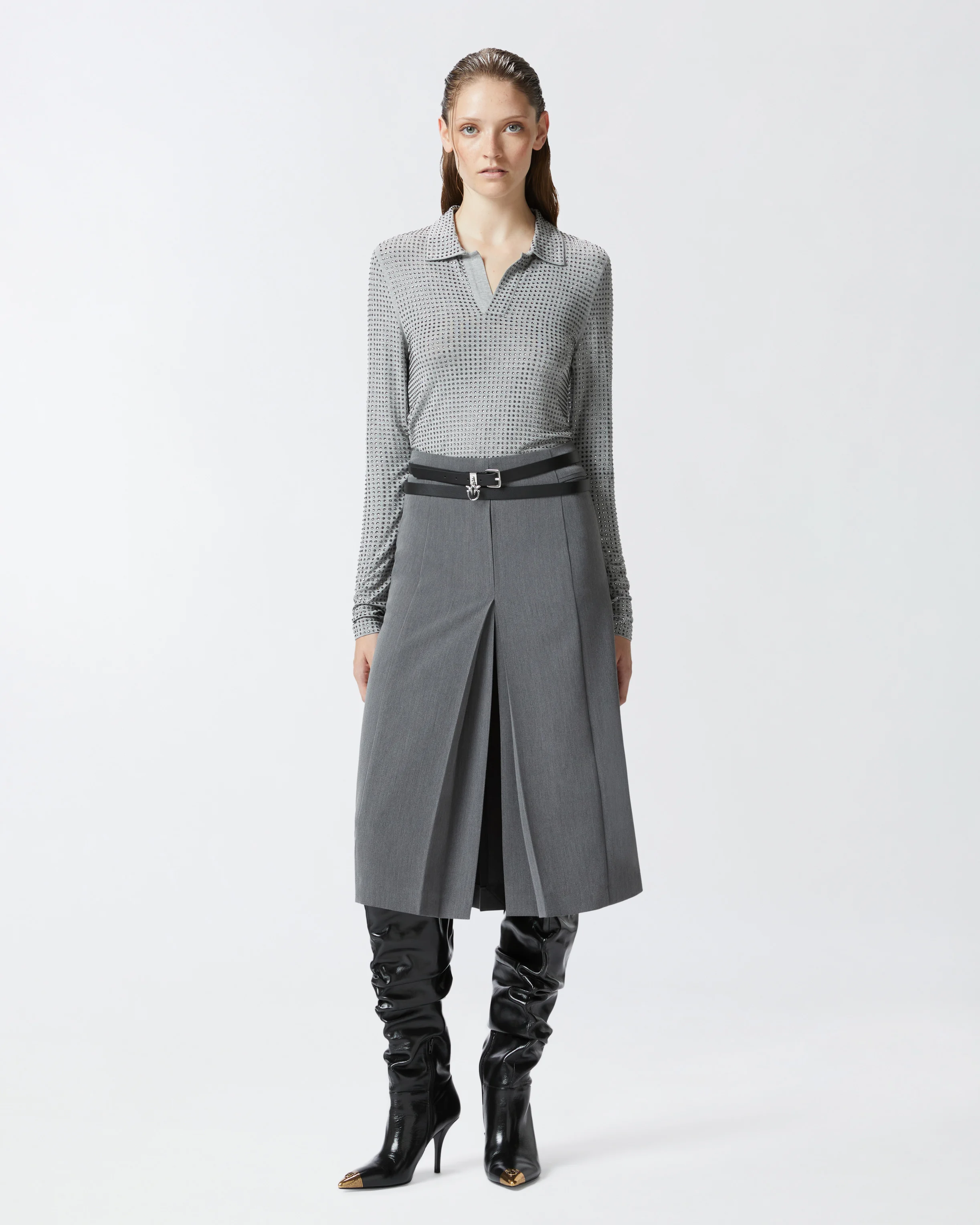 Jupe tailleur midi plissée et fendue | Gris