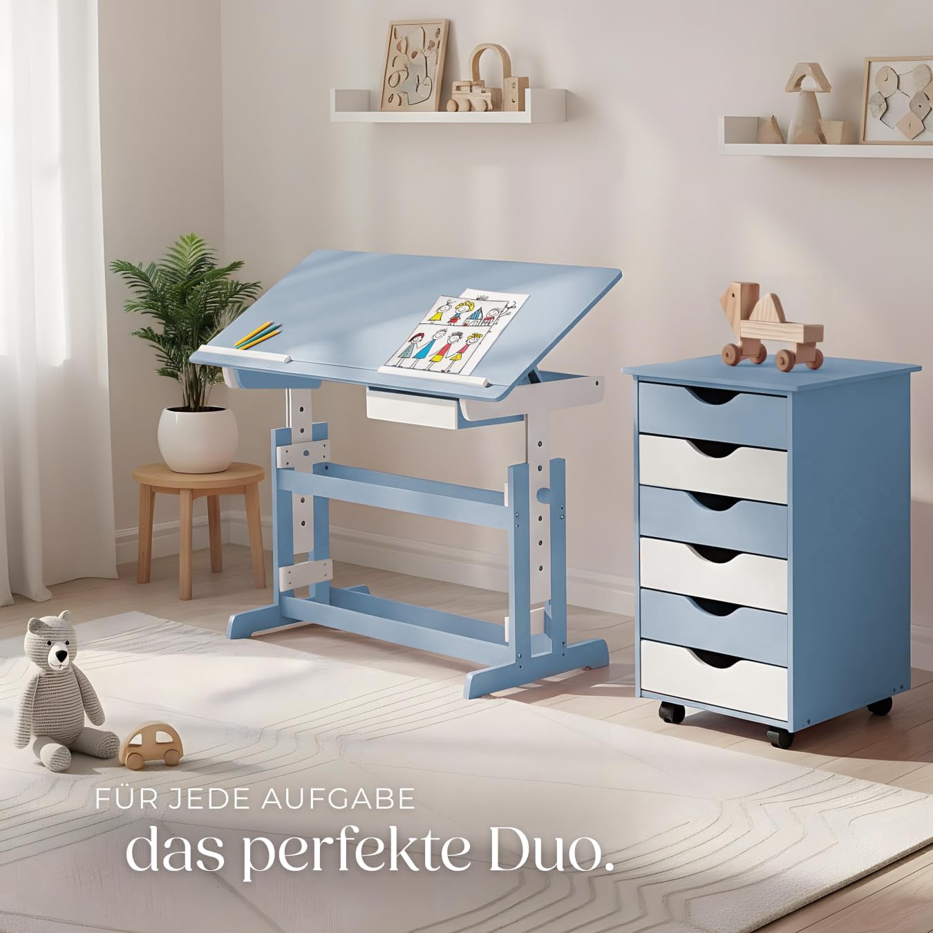 tectake® höhenverstellbarer Schreibtisch, Kindertisch, Kinderschreibtisch höhenverstellbar und neigbar mit Schreibtisch Zubehör Rollcontainer mit Schubladen, Kinderzimmer Möbel, Jugendzimmer - blau