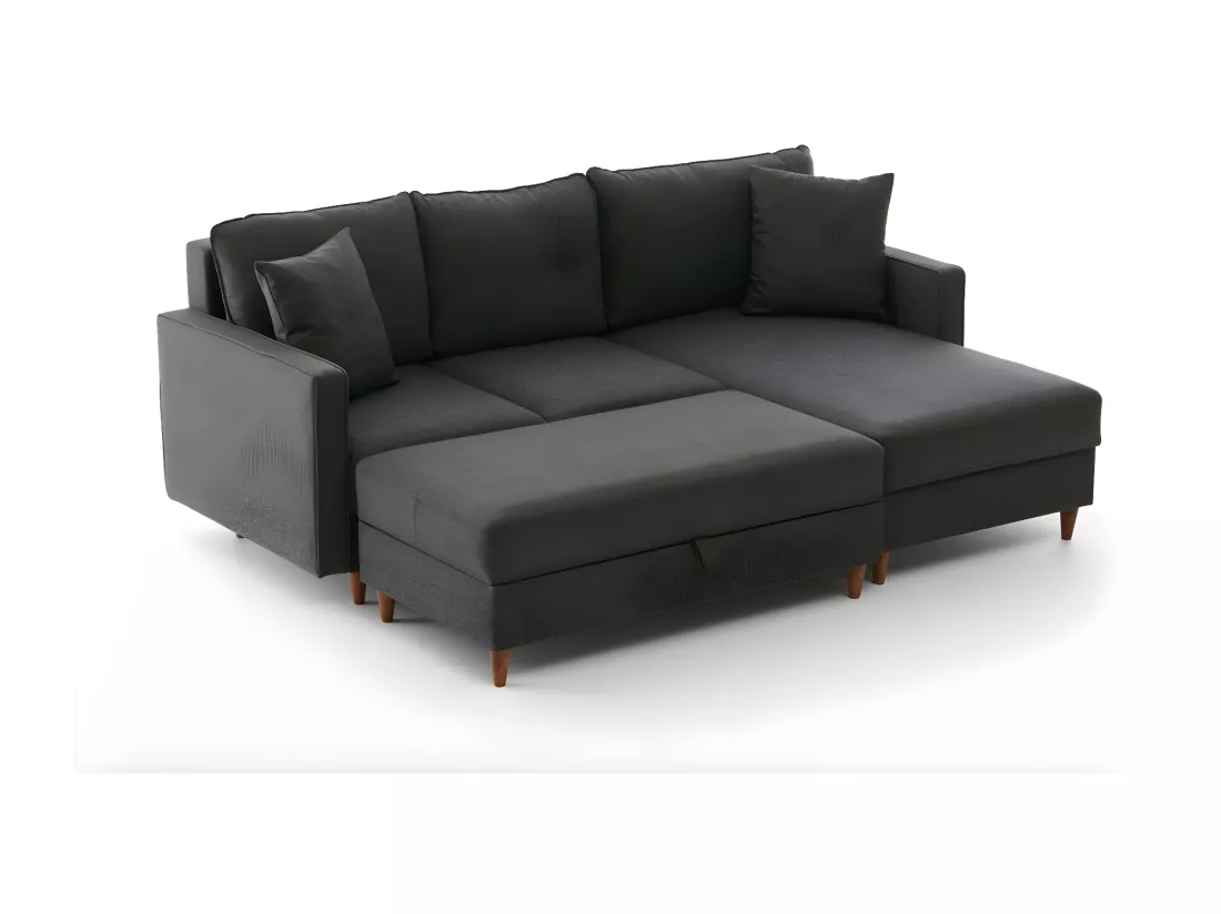 Canapé d'angle à gauche convertible avec pouf-coffre Evania Tissu Gris anthracite
